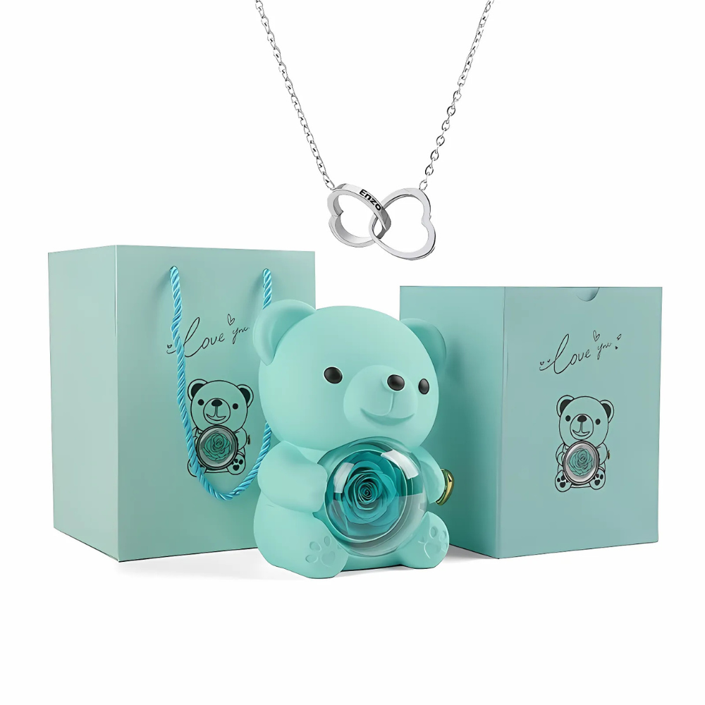 Rotating Rose Bear Gift Box with Personalized Necklace - Lyvetta