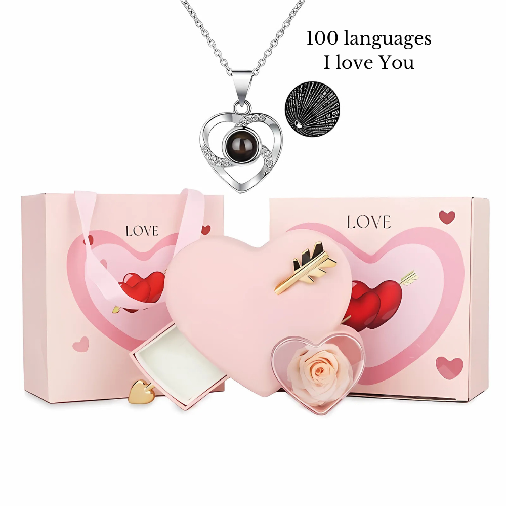 Coffret Cadeau Coeur Rose avec Collier "Je T'aime" en 100 Langues