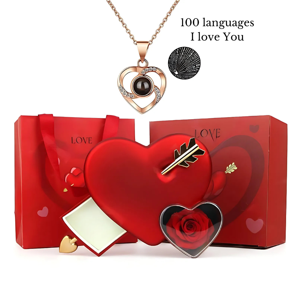 Coffret Cadeau Coeur Rose avec Collier "Je T'aime" en 100 Langues