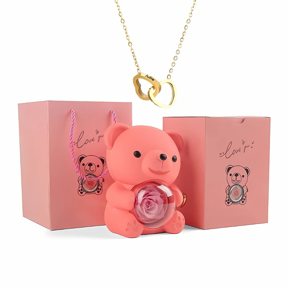 Rotating Rose Bear Gift Box with Personalized Necklace - Lyvetta