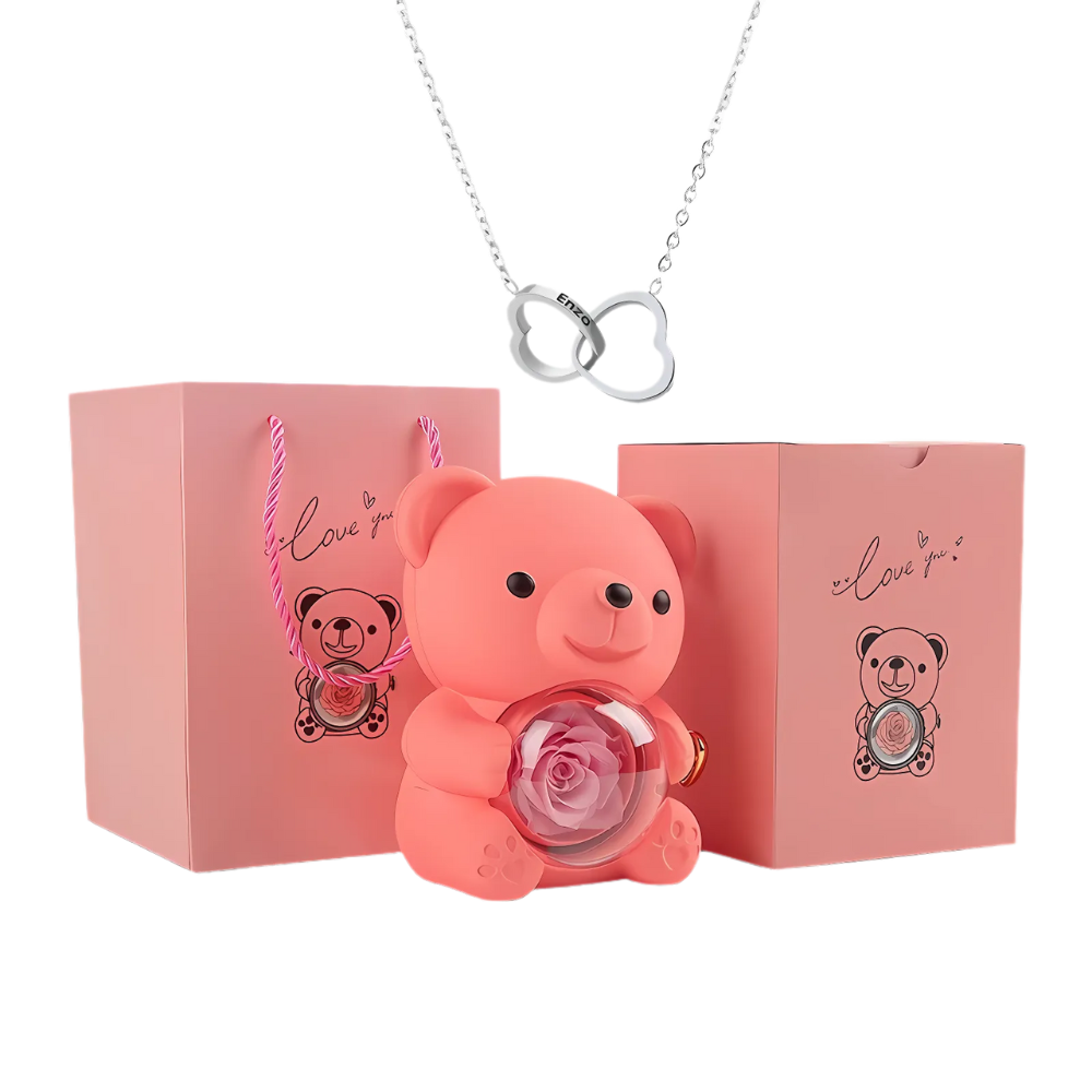 Rotating Rose Bear Gift Box with Personalized Necklace - Lyvetta