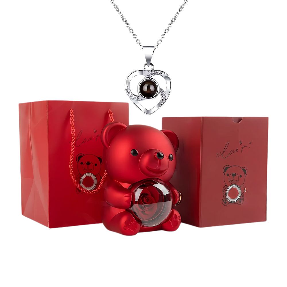 Rotating Rose Bear Gift Box with 100 language Necklace - Lyvetta