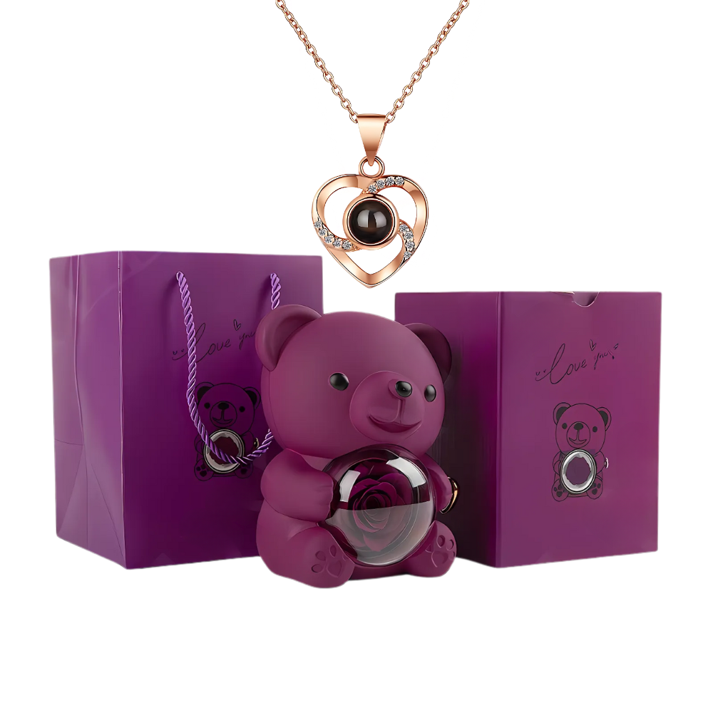 Rotating Rose Bear Gift Box with 100 language Necklace - Lyvetta