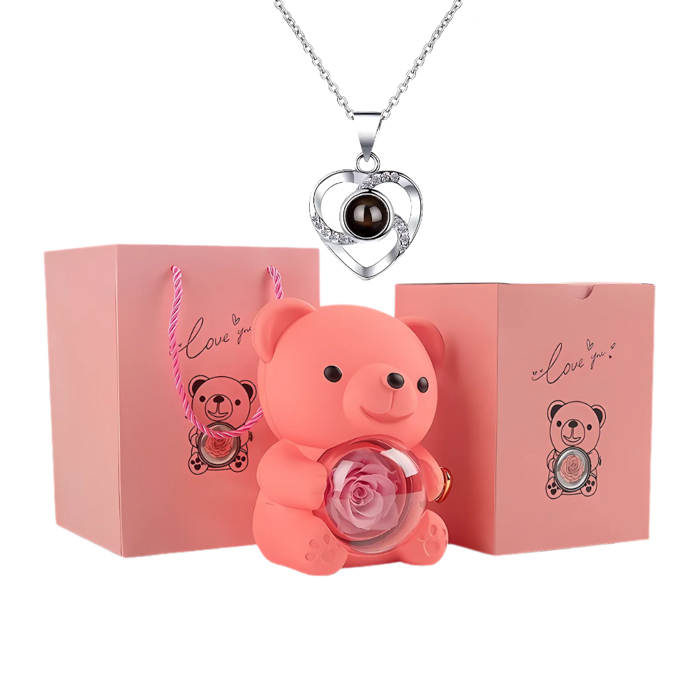 Rotating Rose Bear Gift Box with 100 language Necklace - Lyvetta