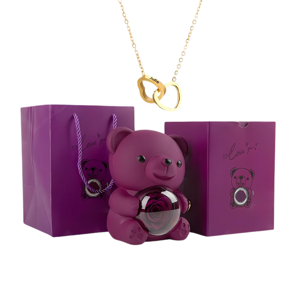 Rotating Rose Bear Gift Box with Personalized Necklace - Lyvetta