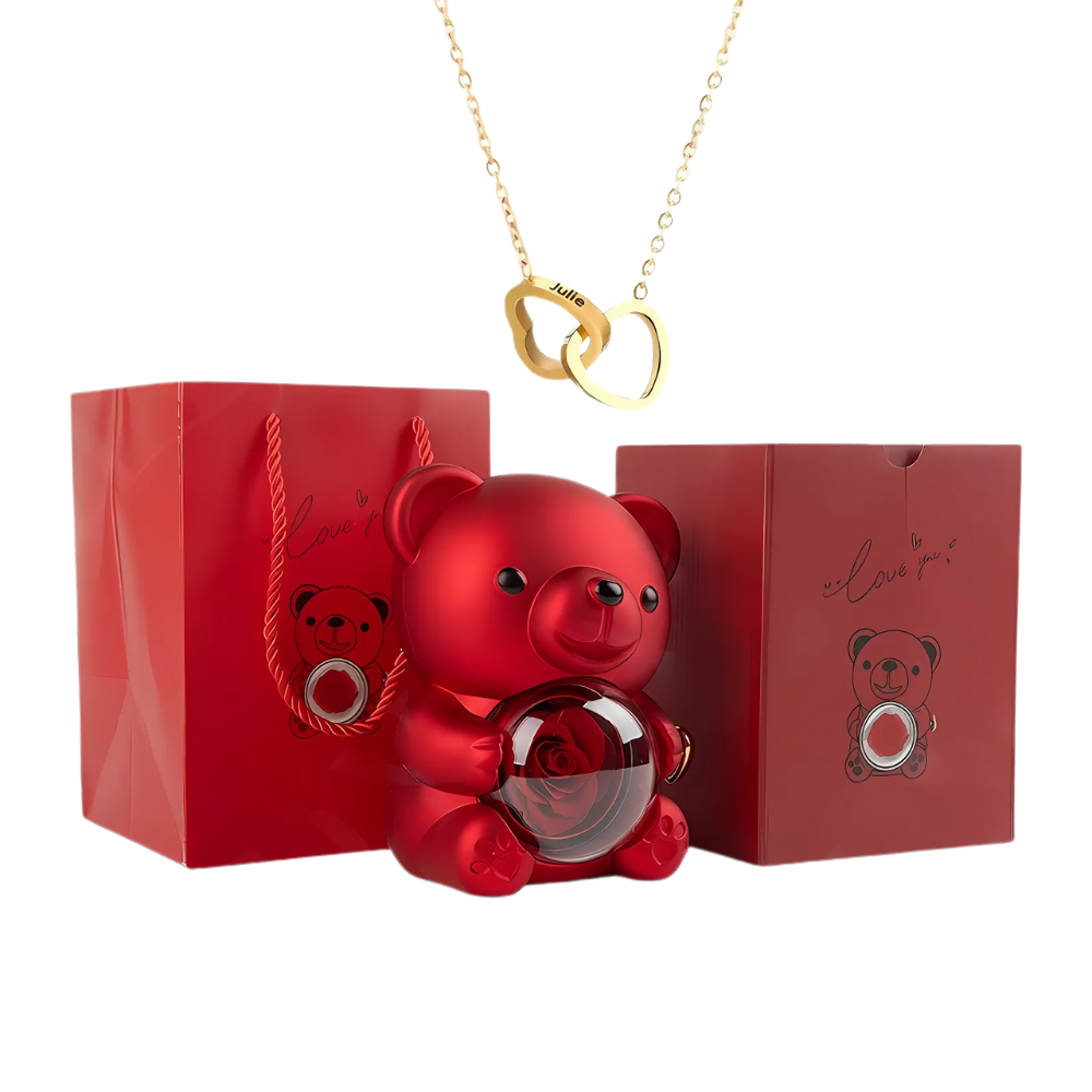 Rotating Rose Bear Gift Box with Personalized Necklace - Lyvetta