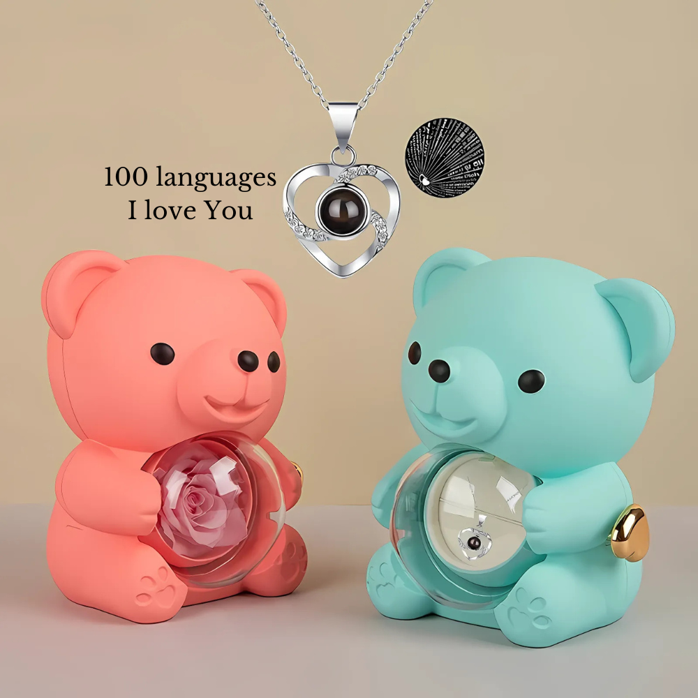 Rotating Rose Bear Gift Box with 100 language Necklace - Lyvetta